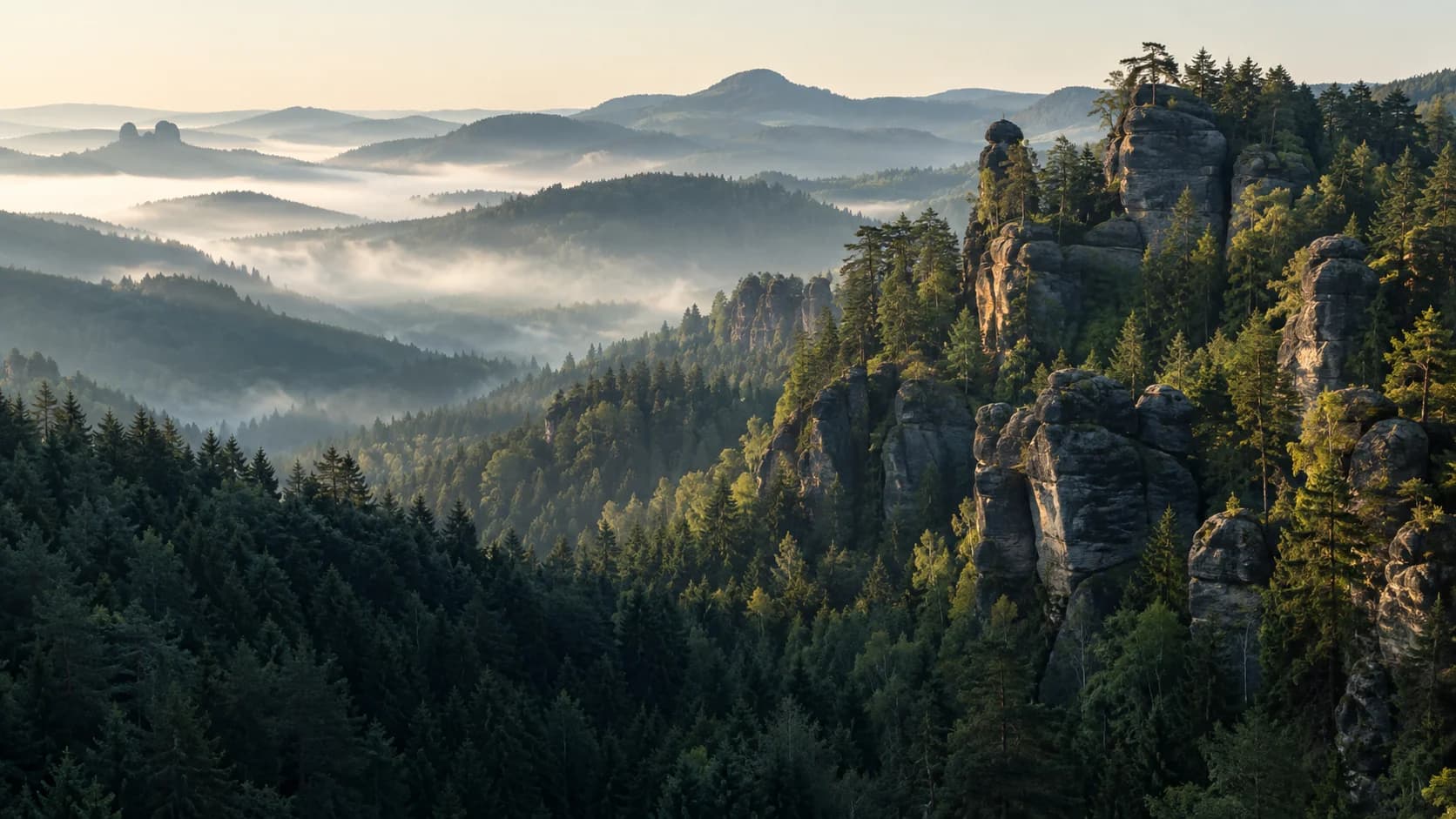 Forested hills and sandstone rocks in the morning mist.
